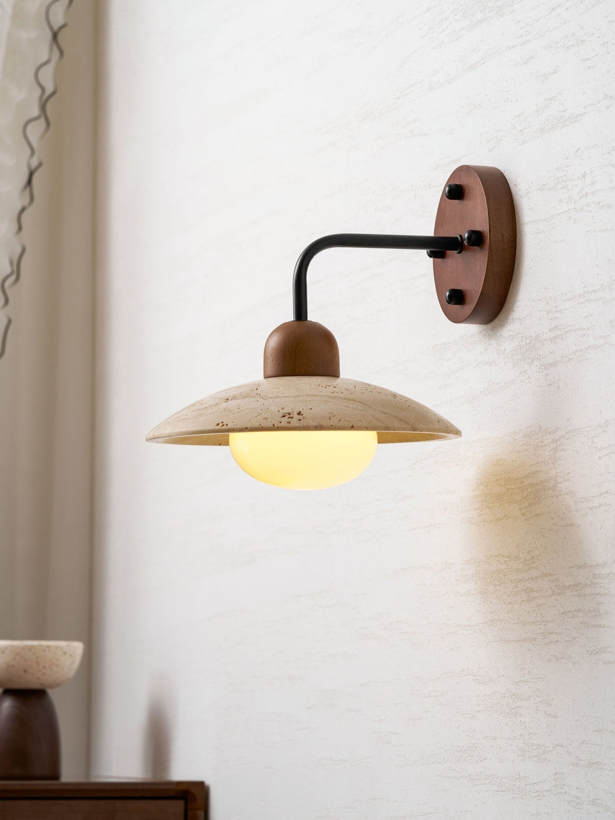 Boticas dome sconce detail of wood grain finish