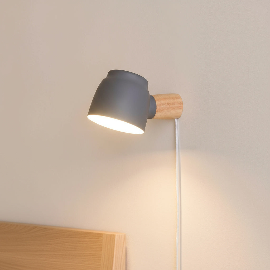 Nordic Plug-In Wall Sconce Dome Shade Wood Arm 3 Color Bedside Reading Light