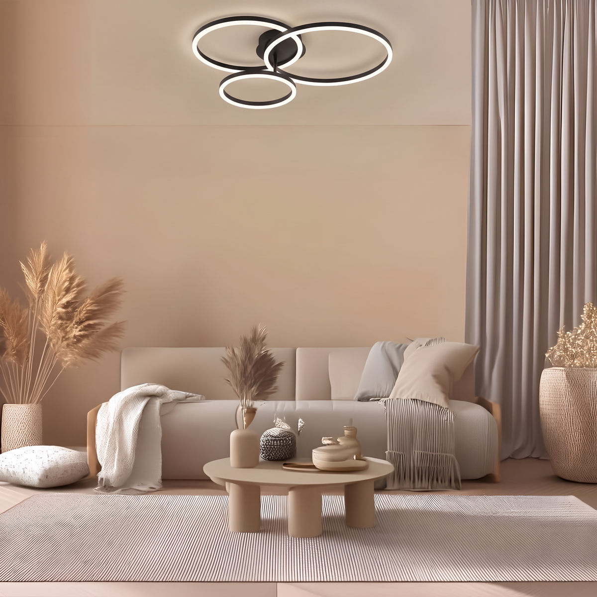 Circle LED flush mount – 3 Rings Black. AI-assisted finish visualization; confirm details with support.