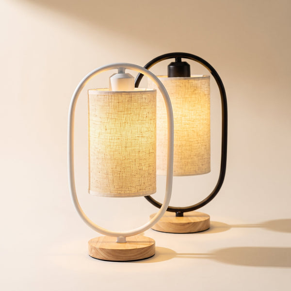 Table Lamp Shades Oval Steel Frame Linen Cylinder Shade Wood Base Bedside Nightstand