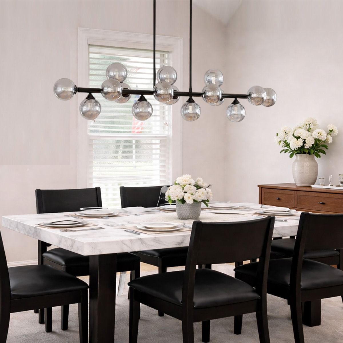 Modern linear chandelier for kitchen island and dining room, black frame and smoky gray glass