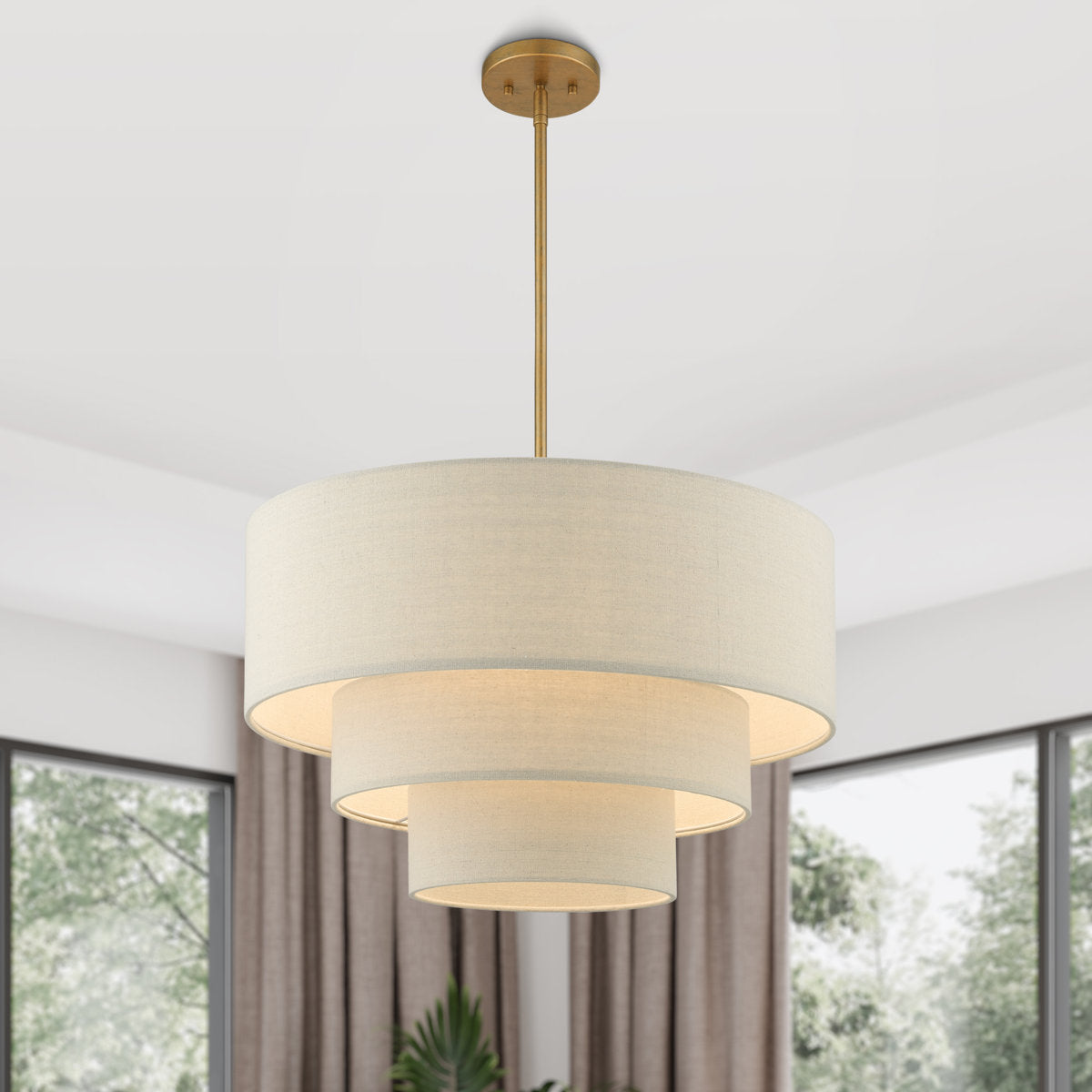 Three-tier beige fabric drum chandelier in antique gold, 4-light modern ceiling fixture
