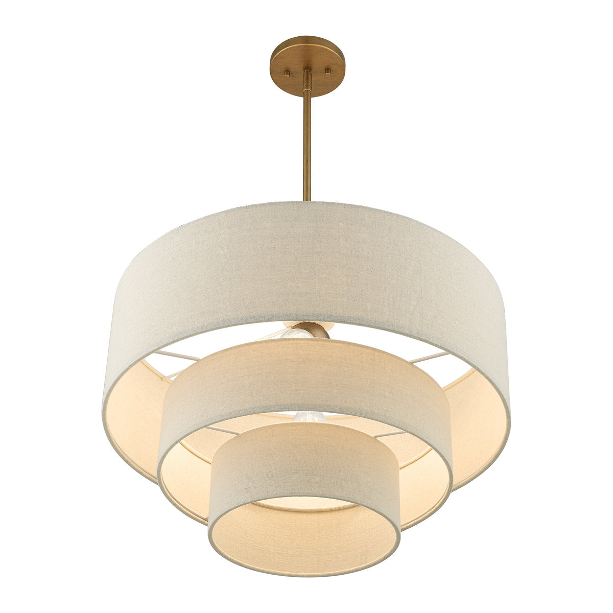 Modern three-tier fabric drum pendant chandelier in beige and antique gold