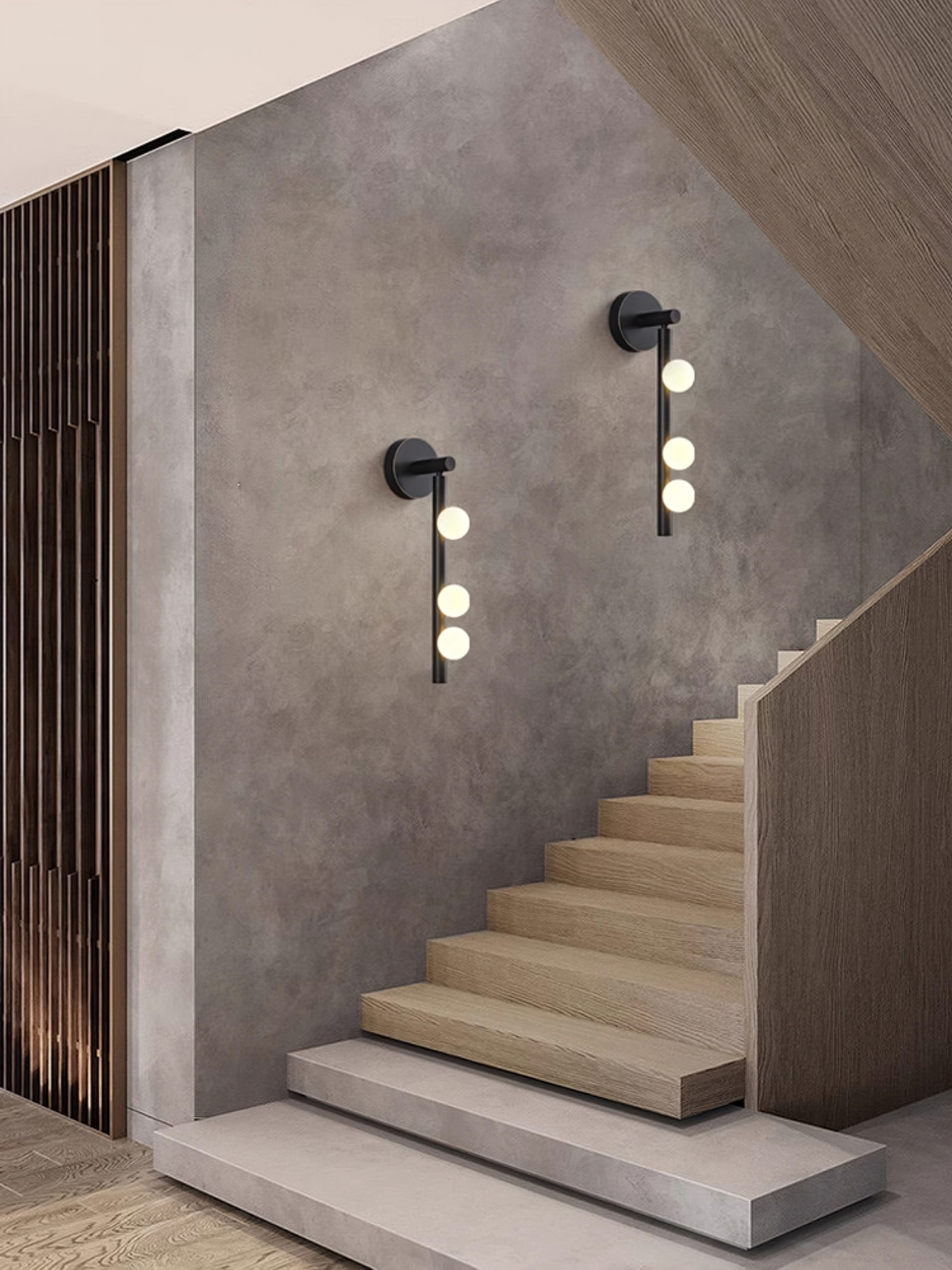 Detail view of four glass globes on brass tube