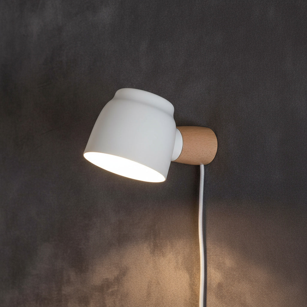 Nordic Plug-In Wall Sconce Dome Shade Wood Arm 3 Color Bedside Reading Light