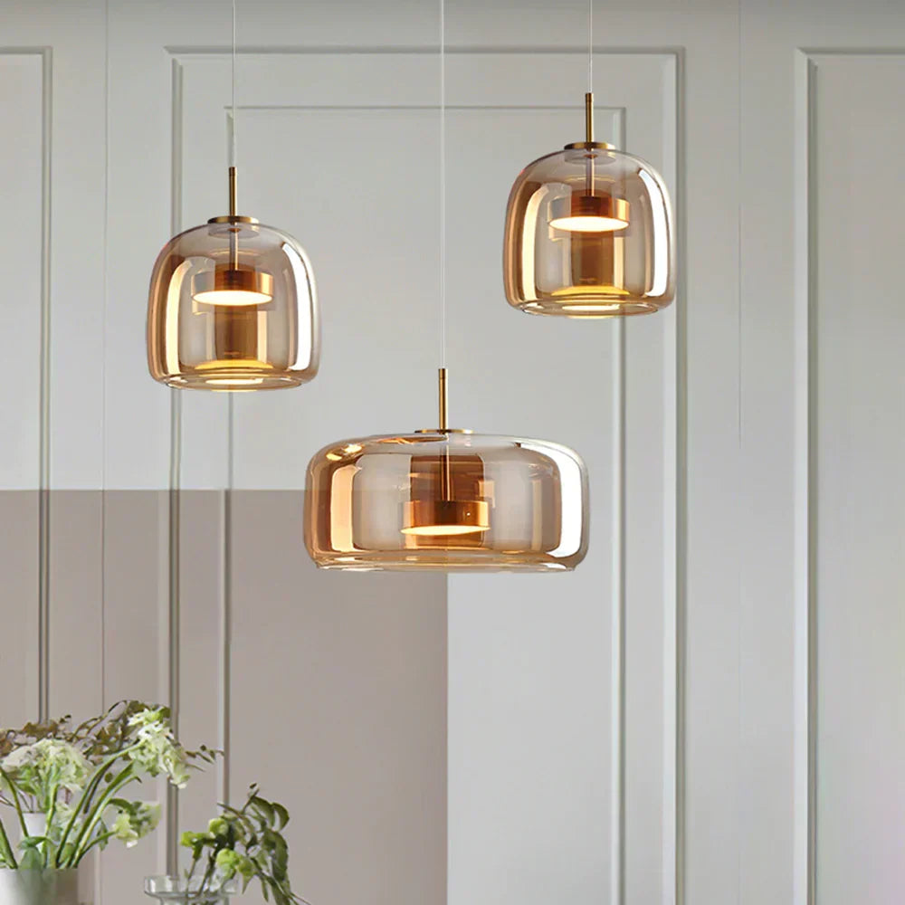 Modern Glass Pendant Light Amber Smoked Clear Dome LED Hanging Lamp Kitchen Island 9-13 Inch