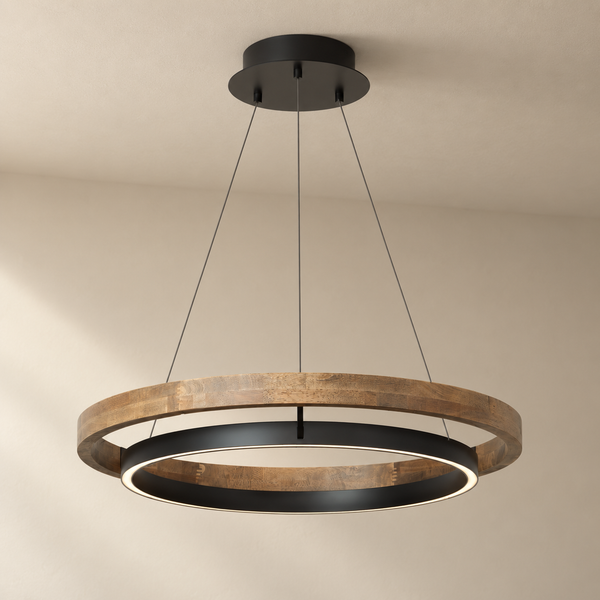 Circular LED Ceiling Light Wood Dual Ring Black Pendant Dimmable Modern Chandelier
