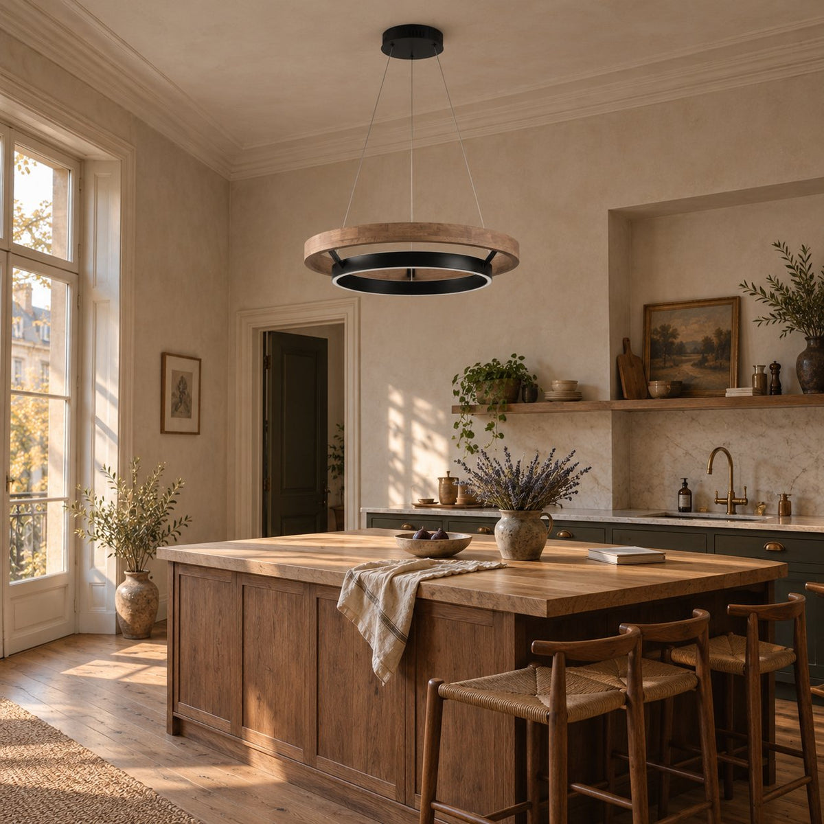 Espargos wood and black ring ceiling light above a wooden kitchen island with rush stools.