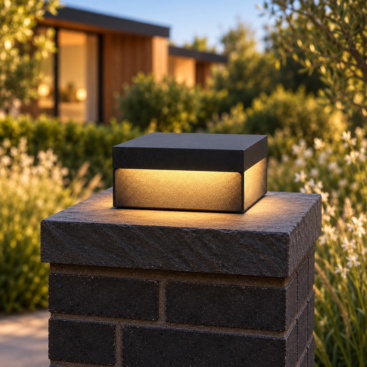 Heitz Plinthora Small Hardwired black pillar light on a slate-capped garden post.
