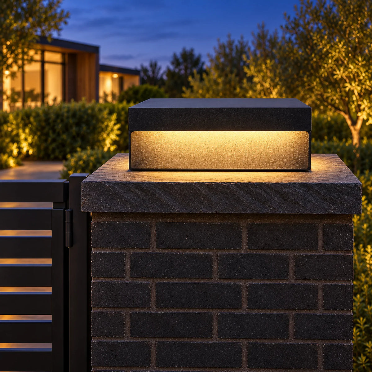 Heitz Plinthora Jumbo Hardwired black pillar light on a substantial gate pillar at dusk.