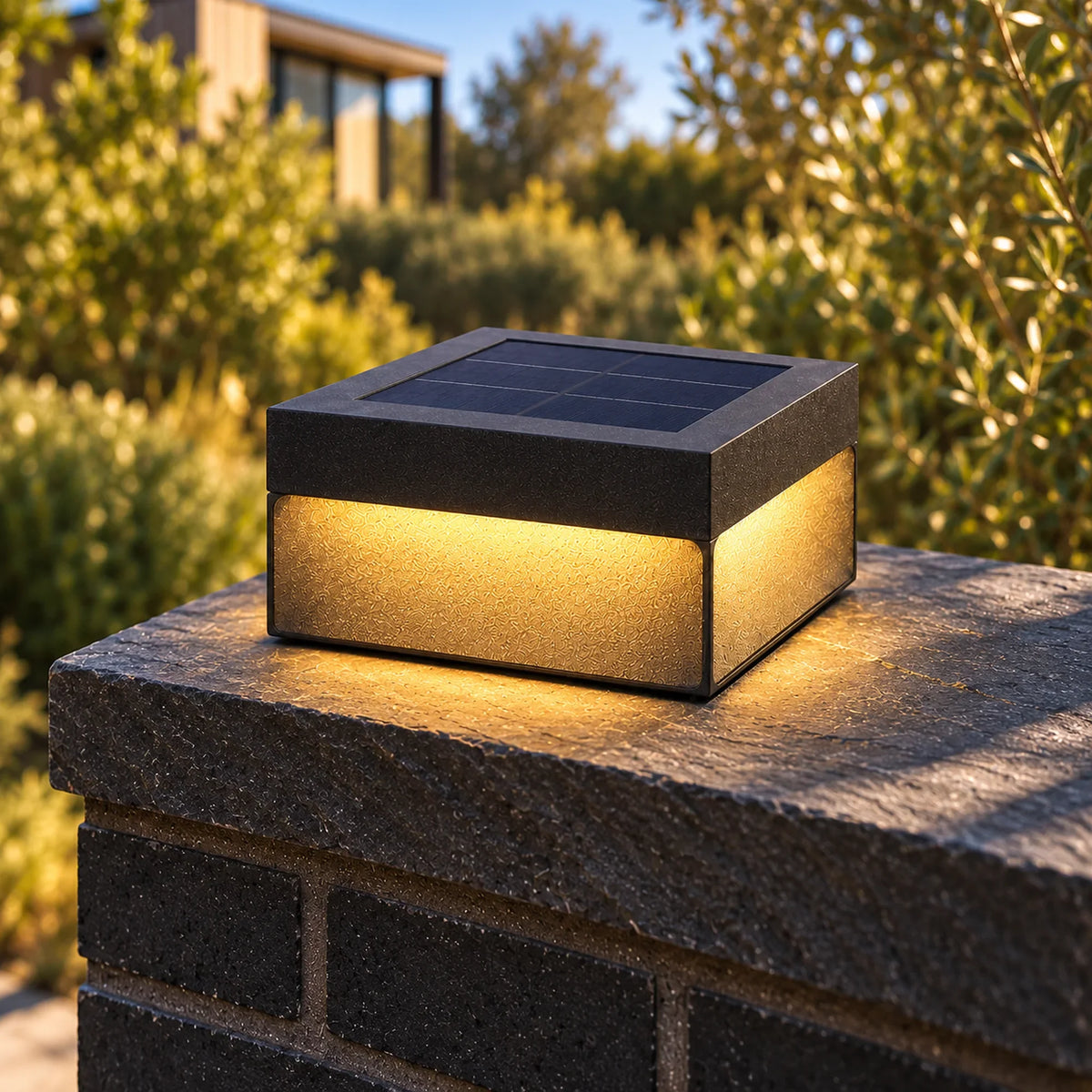 Heitz Plinthora Small Solar black pillar light with the inset top solar panel visible.