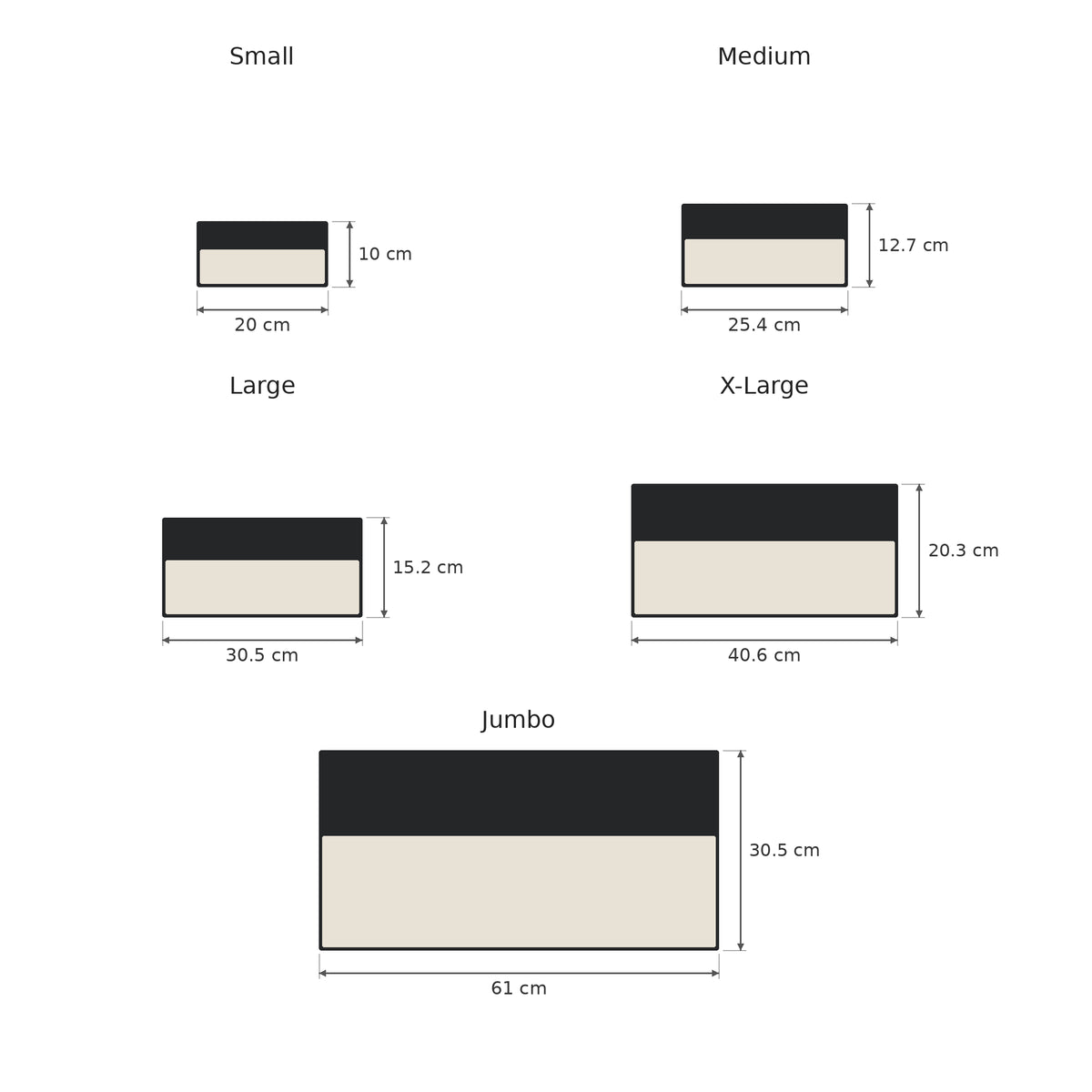 Plinthora pillar light size chart, width × height in cm: Small 20 × 10; Medium 25.4 × 12.7; Large 30.5 × 15.2; X-Large 40.6 × 20.3; Jumbo 61 × 30.5.