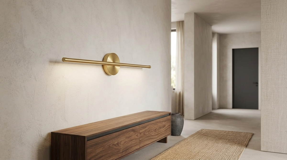 Battery operated 20-inch magnetic linear wall sconce above a walnut console table in a modern hallway