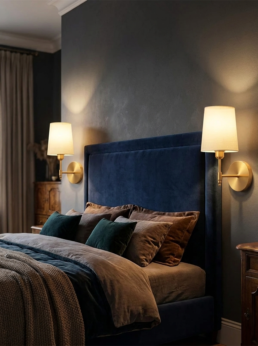 A pair of the sconces mounted either side of a headboard in a bedroom at night