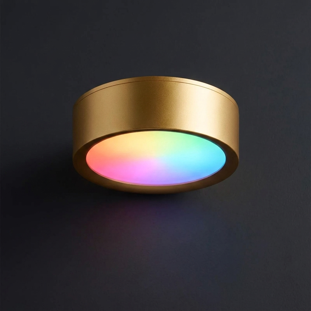 Magnetic picture light in gold with RGB on a deep charcoal wall