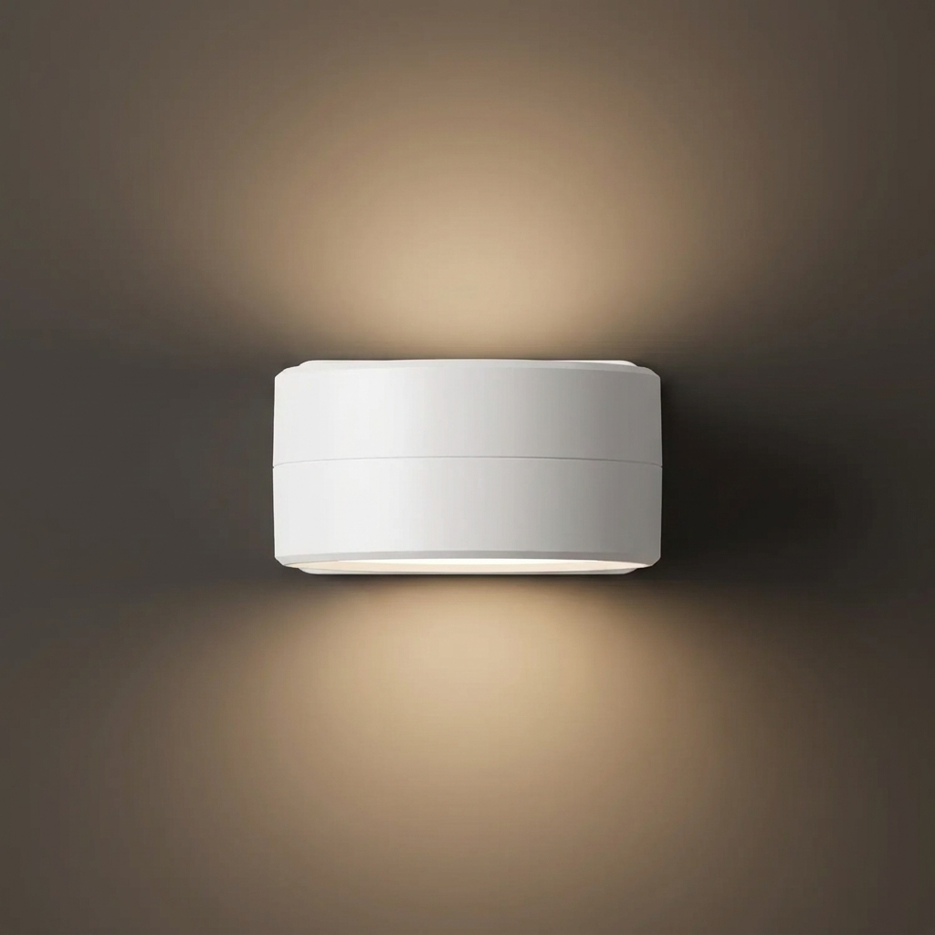 Magnetic picture light in white on a warm greige wall