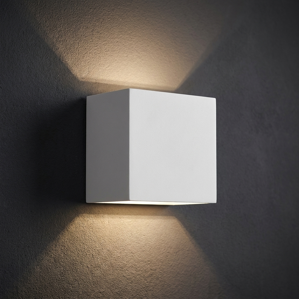 Up and down wall sconce in white on a charcoal wall