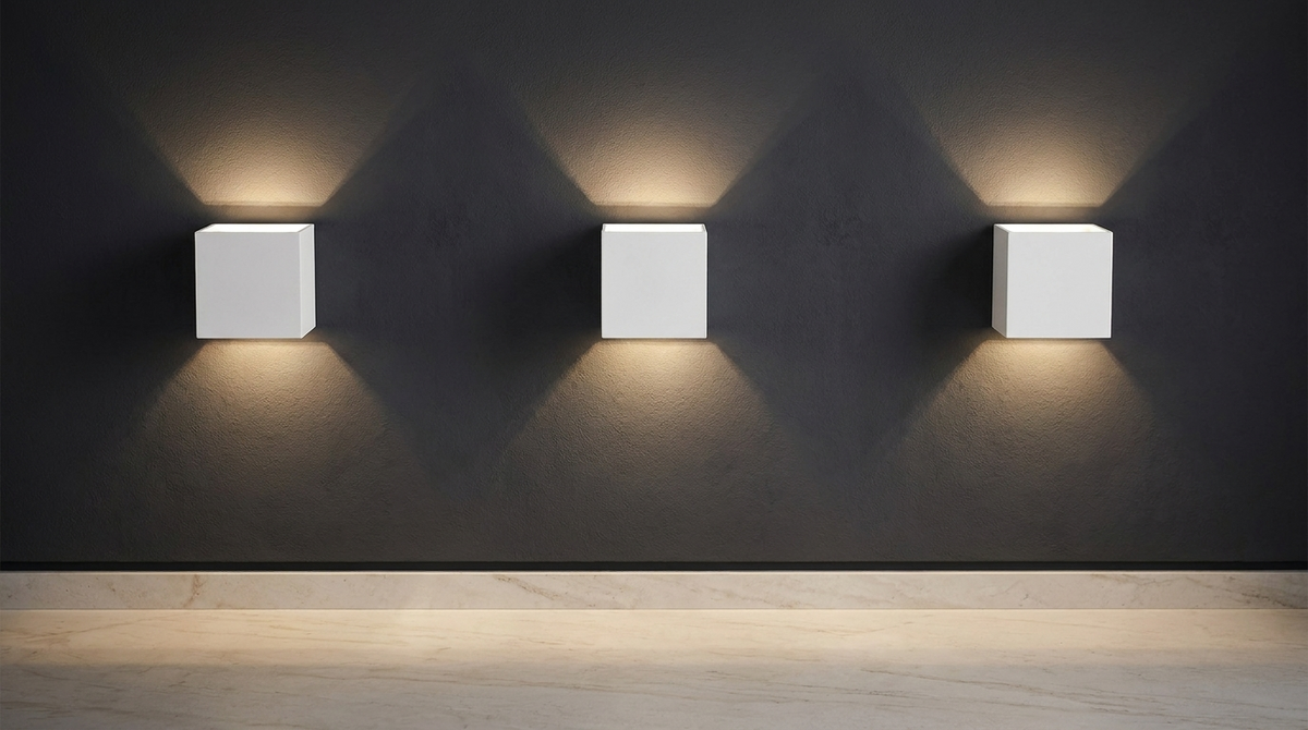 Three up and down sconces spaced along an entry hall wall