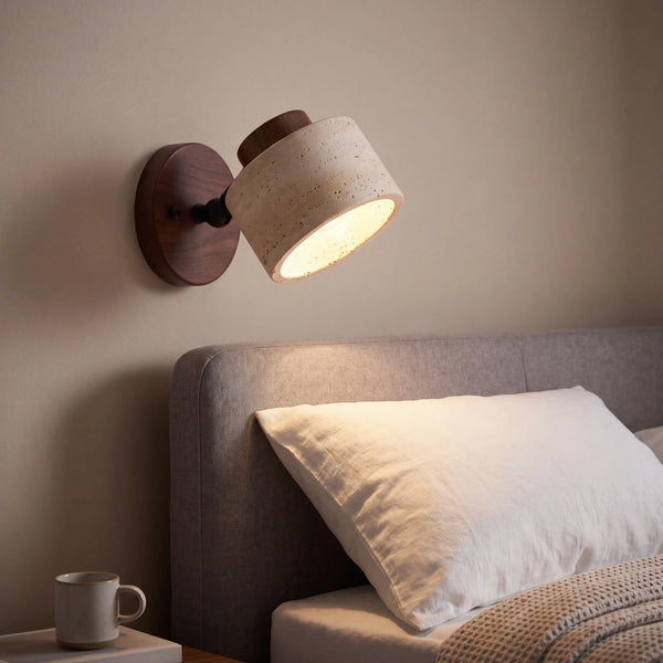 Wall Lamps for Bedroom Rotatable Travertine Stone Reading Sconce Walnut Wood Bedside
