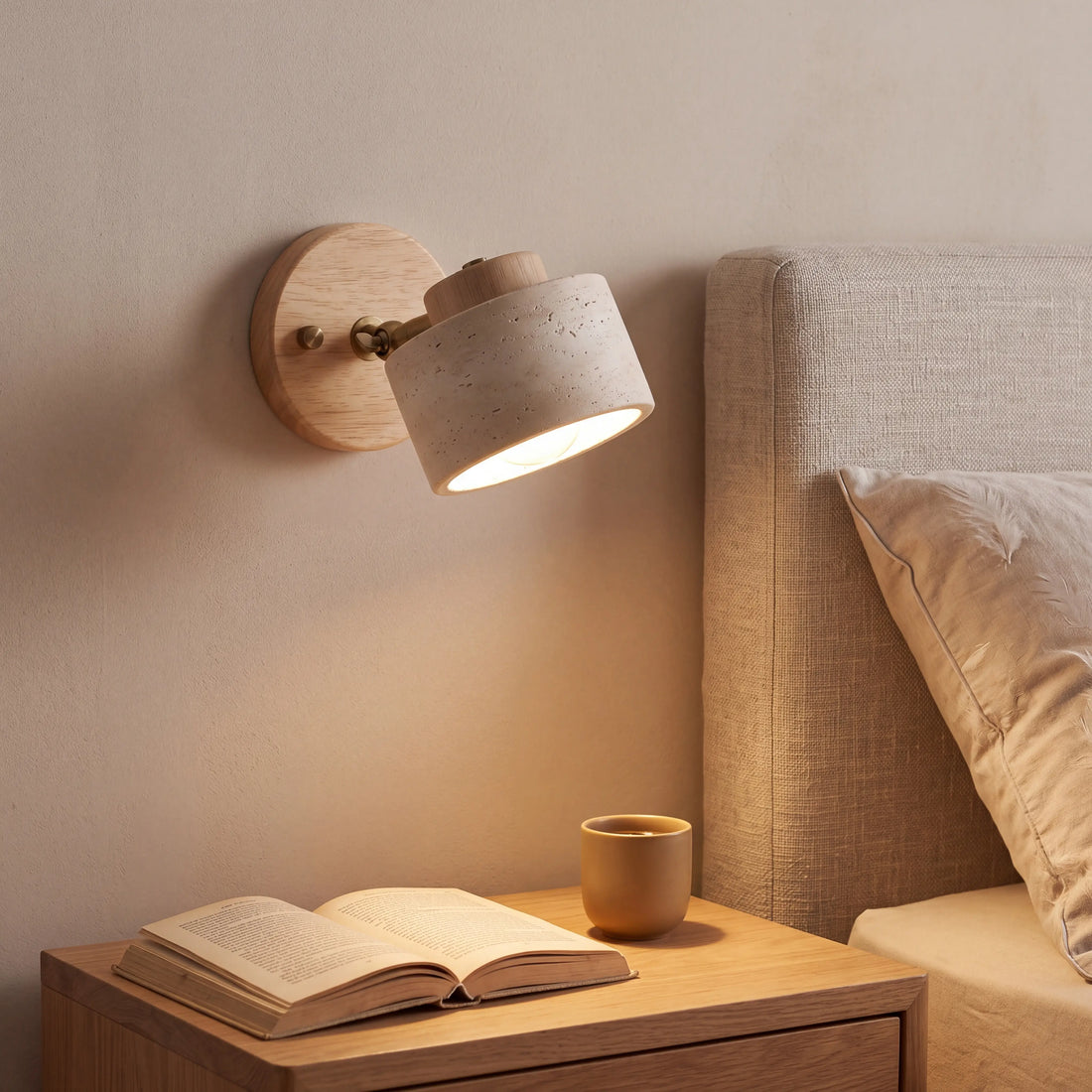 Wall Lamps for Bedroom Rotatable Travertine Stone Reading Sconce Walnut Wood Bedside
