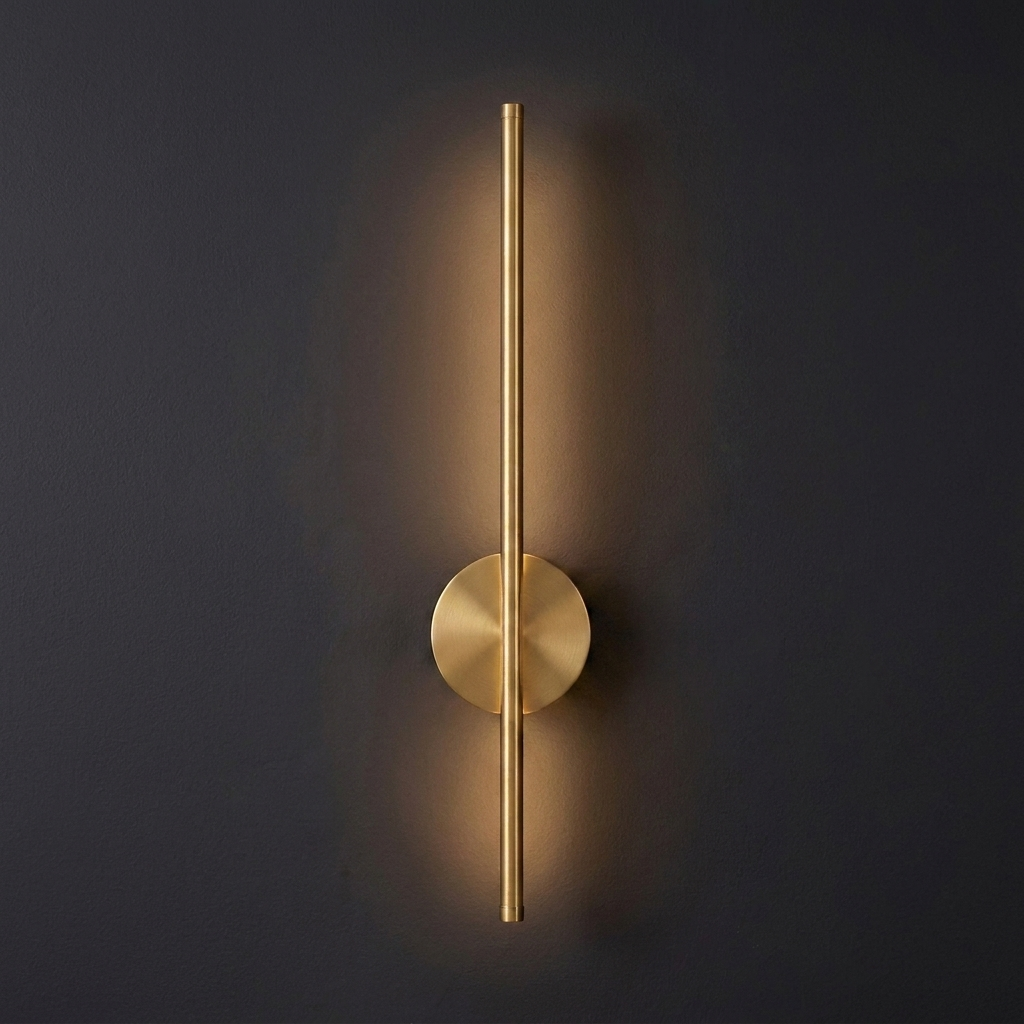 Single 20 inch magnetic linear wall sconce in brushed brass gold, lit, on a deep charcoal wall