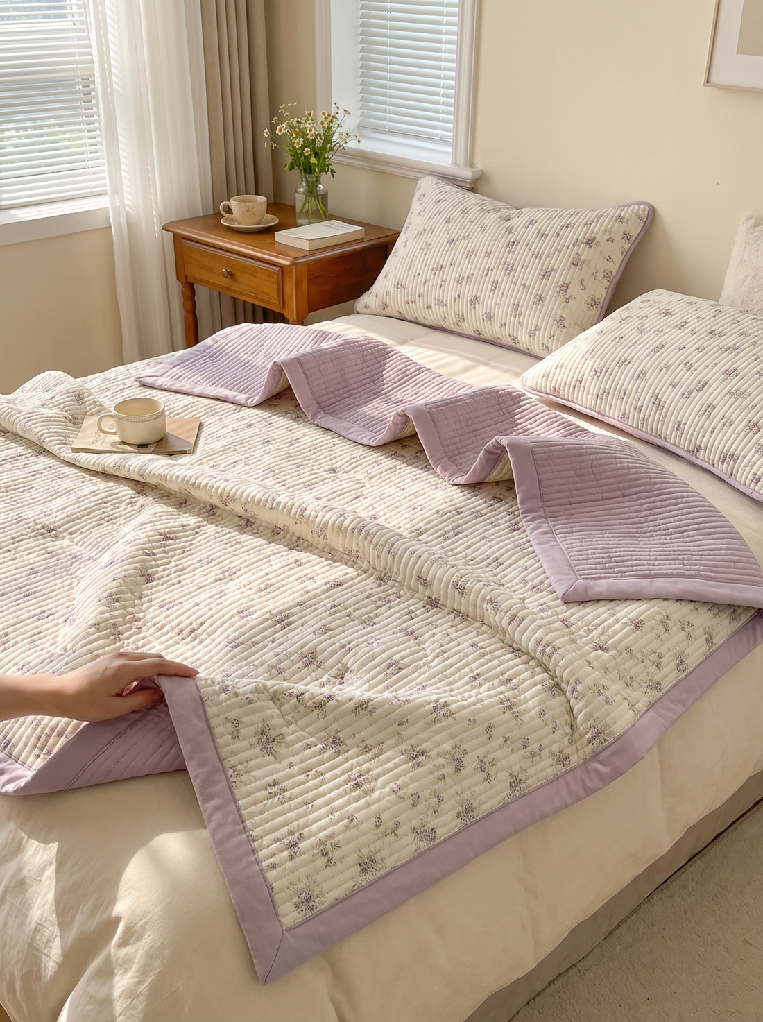 Floral Quilted Bedding Set 3 Piece Reversible Coverlet Pillow Shams Purple Trim