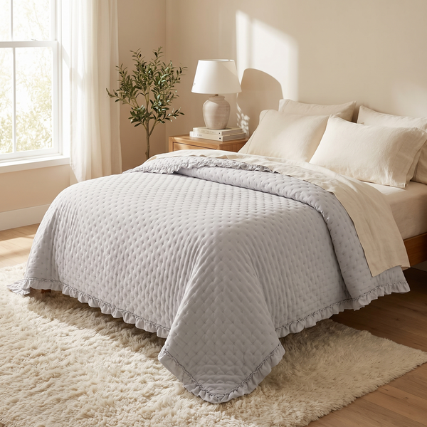 Ruffle Scalloped Edge Quilted Bedspread Coverlet Diamond Stitch Reversible Bedding