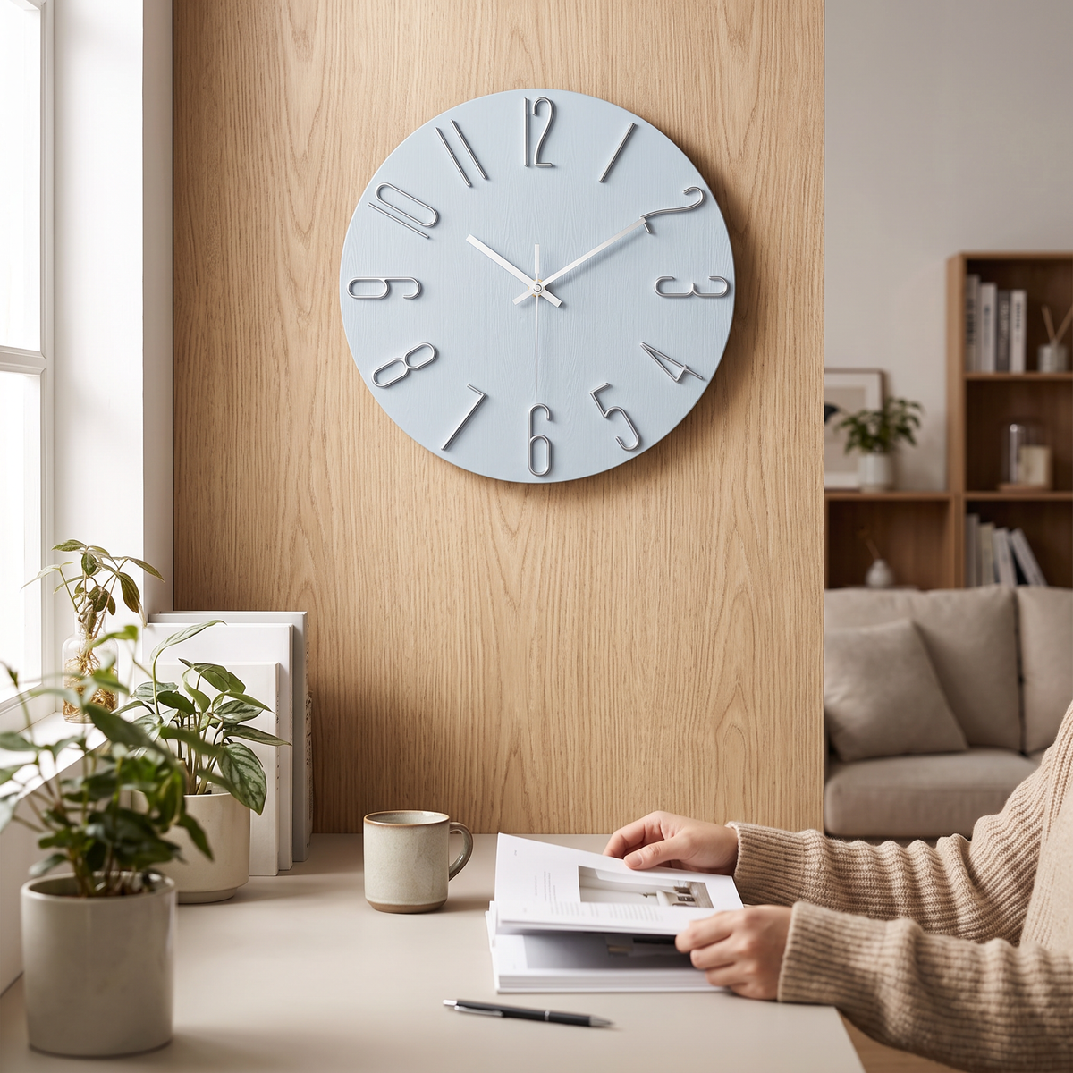 Aurum Silent Wall Clock with Gold Numerals - Light Blue
