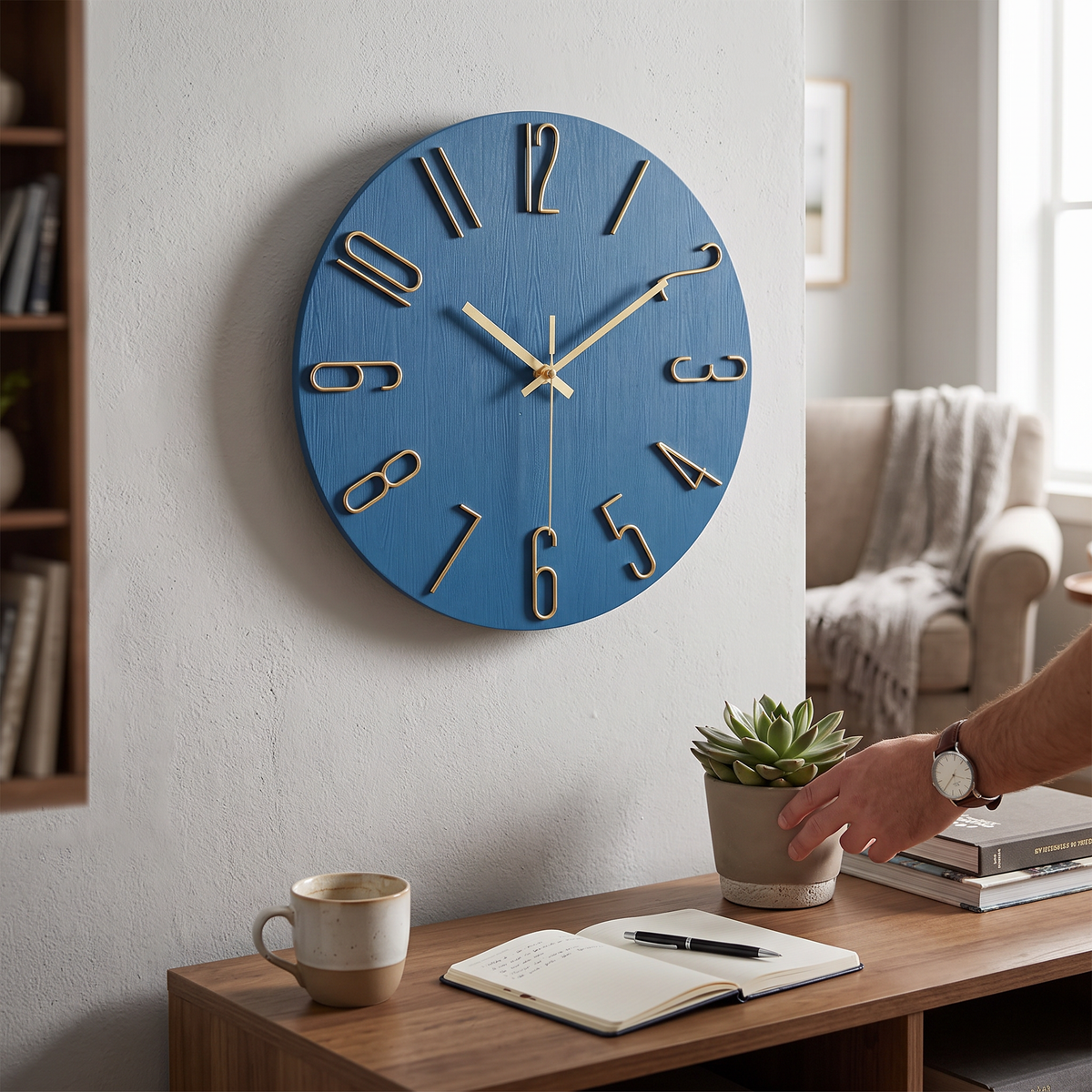 Aurum Silent Wall Clock with Gold Numerals - Blue
