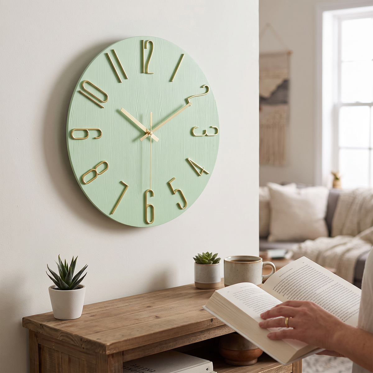 Aurum Silent Wall Clock with Gold Numerals - Mint Green