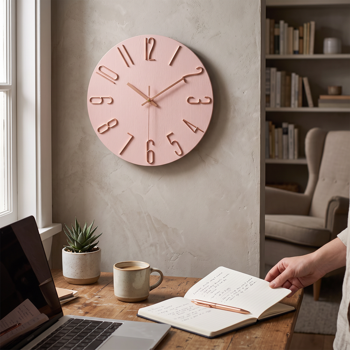 Aurum Silent Wall Clock with Gold Numerals - Rosé Pink
