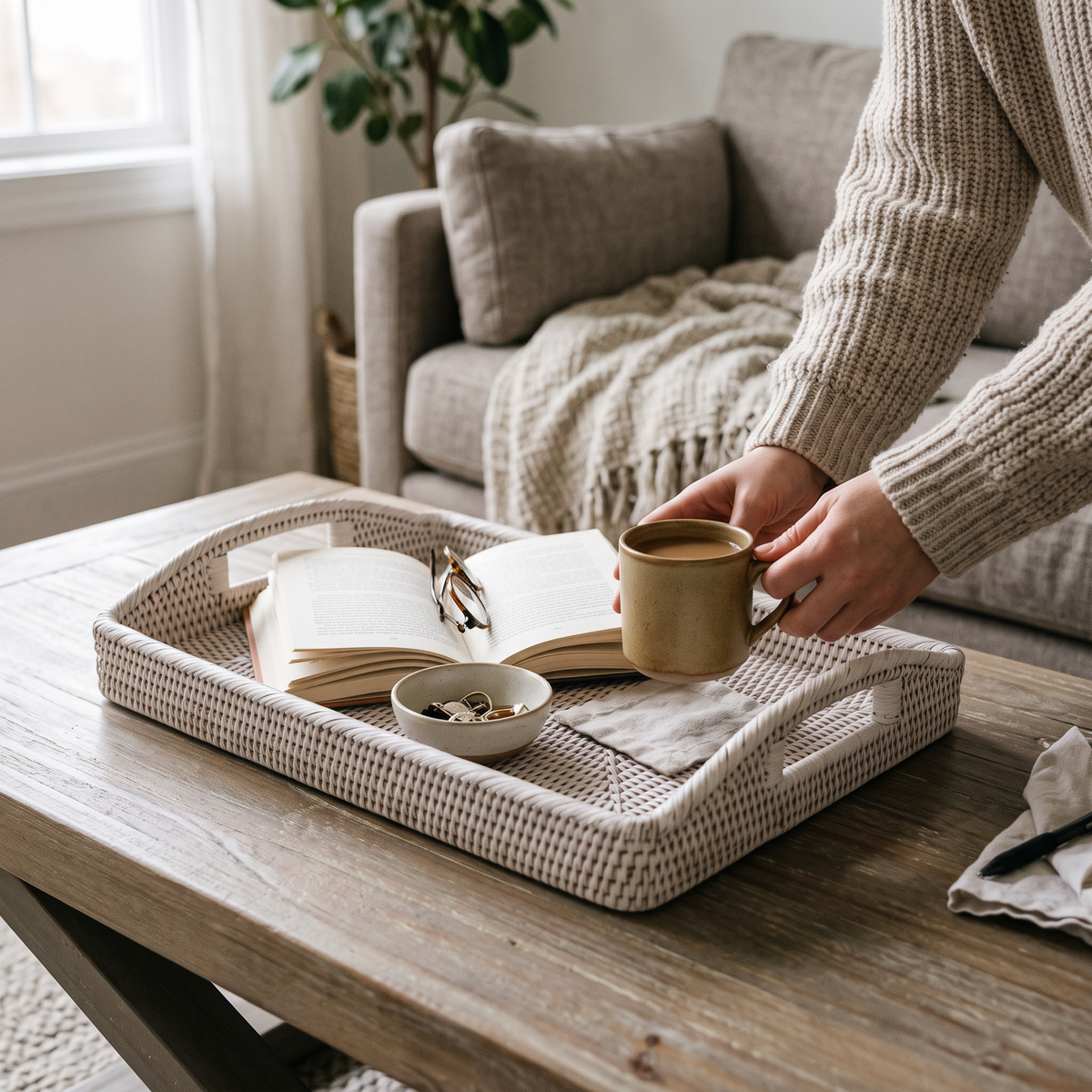 White Handwoven Rattan Tray