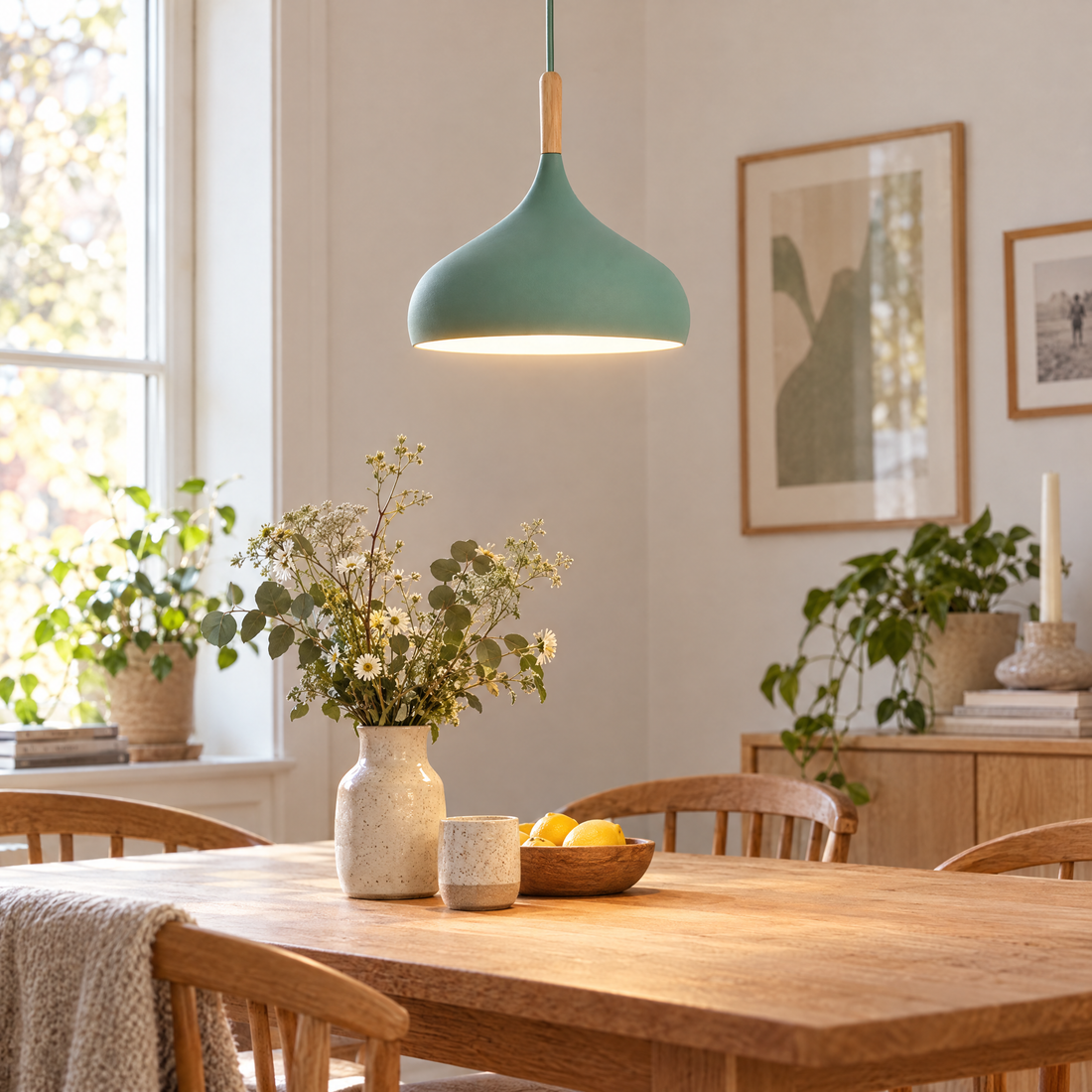 Minimalist Pendant Light Nordic Teardrop Dome Shade Wood Accent Ceiling Hanging Lamp