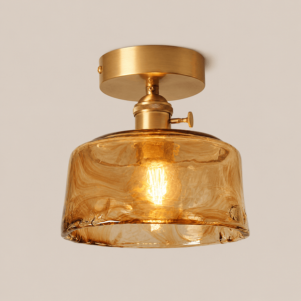 Lamp Ceiling Light Amber Swirl Glass Drum Shade Brass Finish Semi Flush Mount