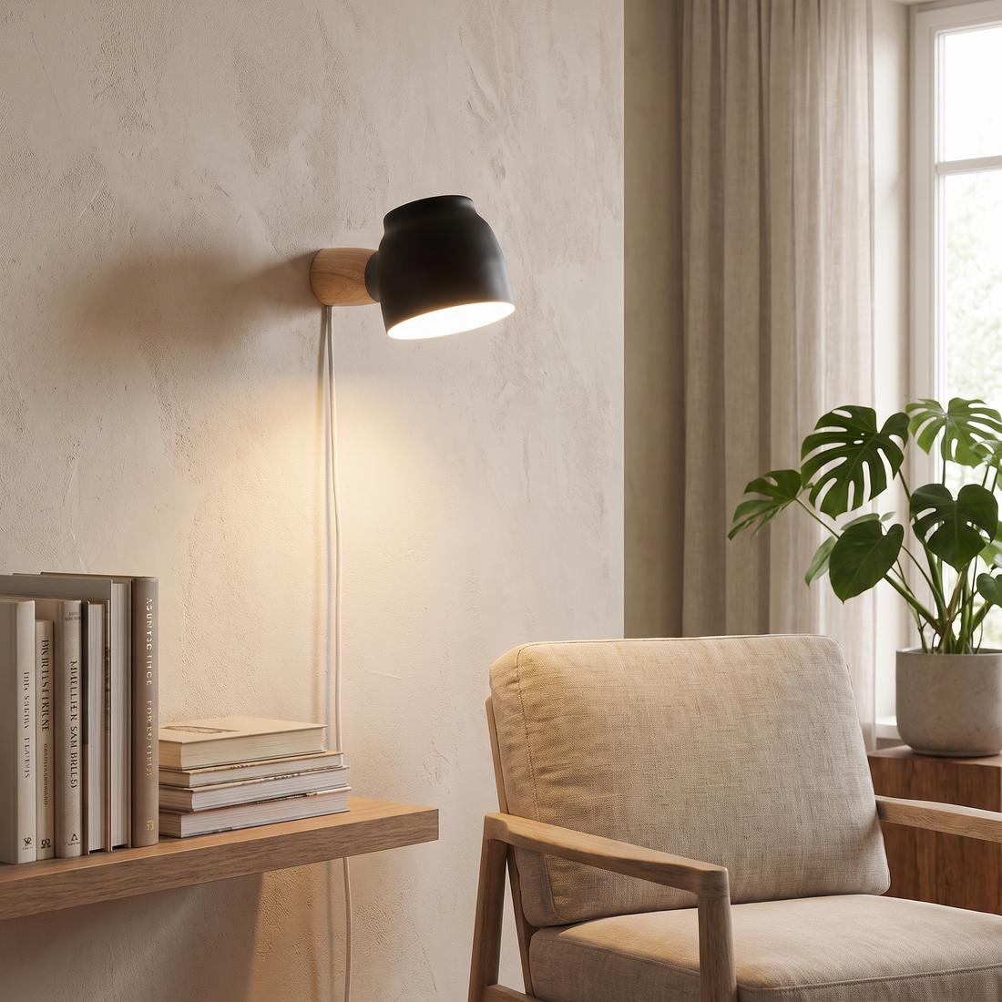 Nordic Plug-In Wall Sconce Dome Shade Wood Arm 3 Color Bedside Reading Light