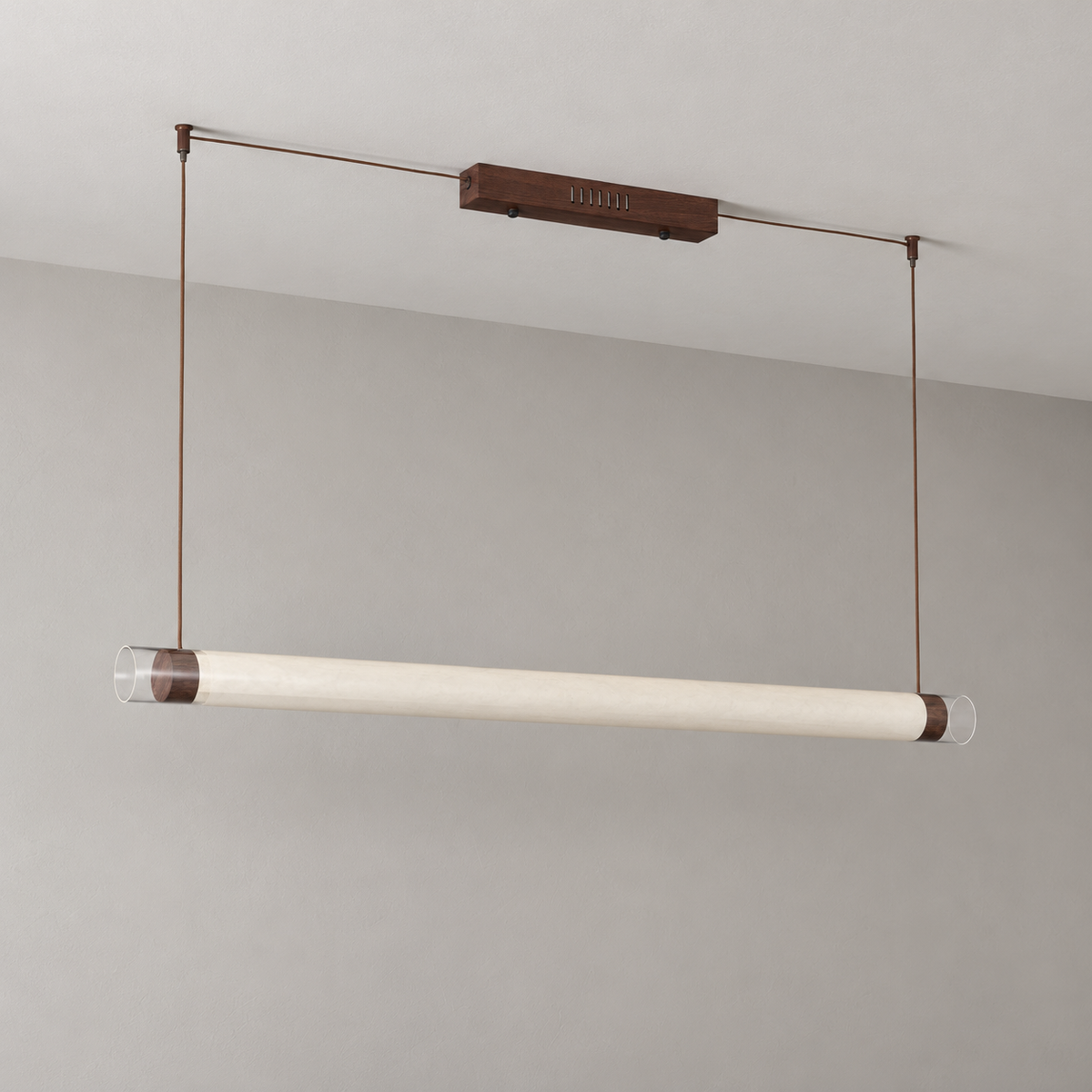 Wood-tone mulberry silk tube pendant, light switched off
