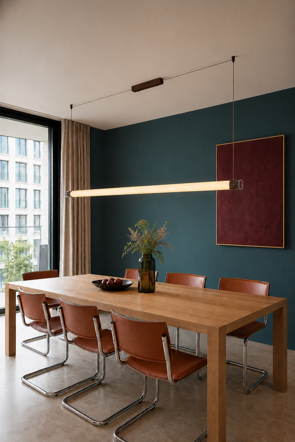 Illuminated wood-tone natural-silk tube pendant above an urban dining table
