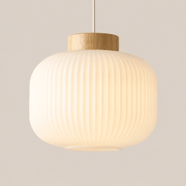 Ribbed Glass Lantern Pendant Light Wood Top Opal Shade Hanging Ceiling Fixture