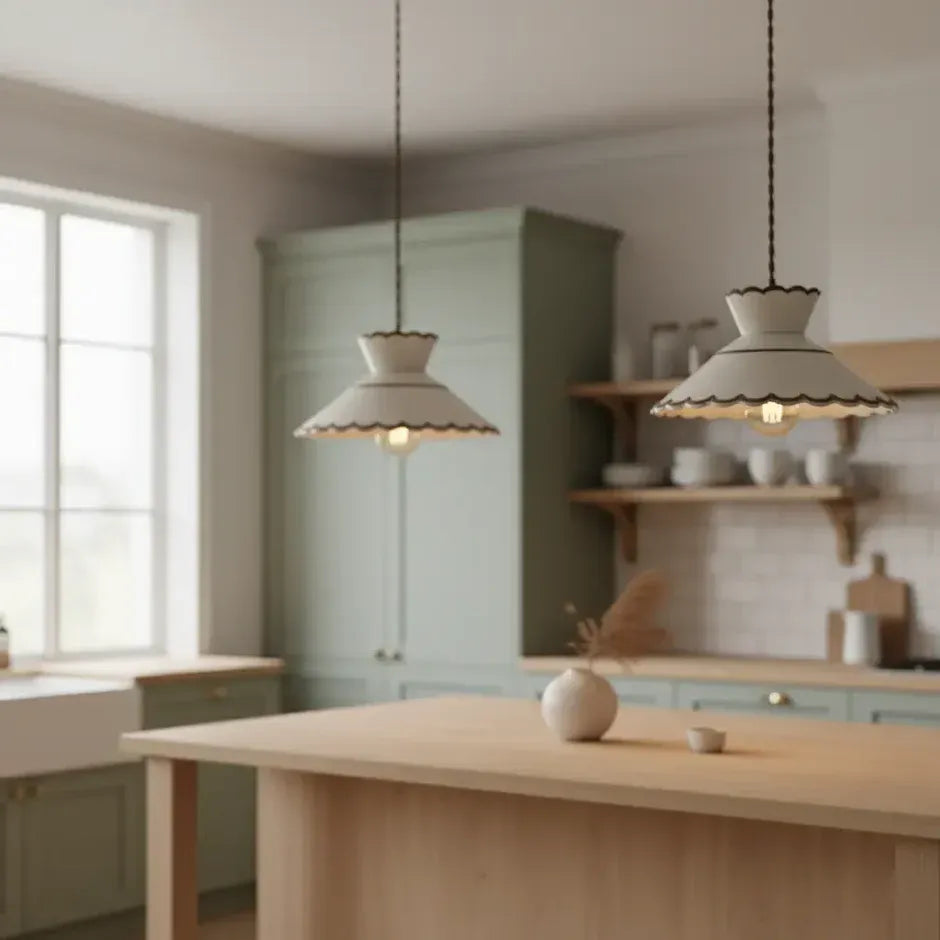 Mira ceramic pendant light in a Scandinavian kitchen with sage green accents