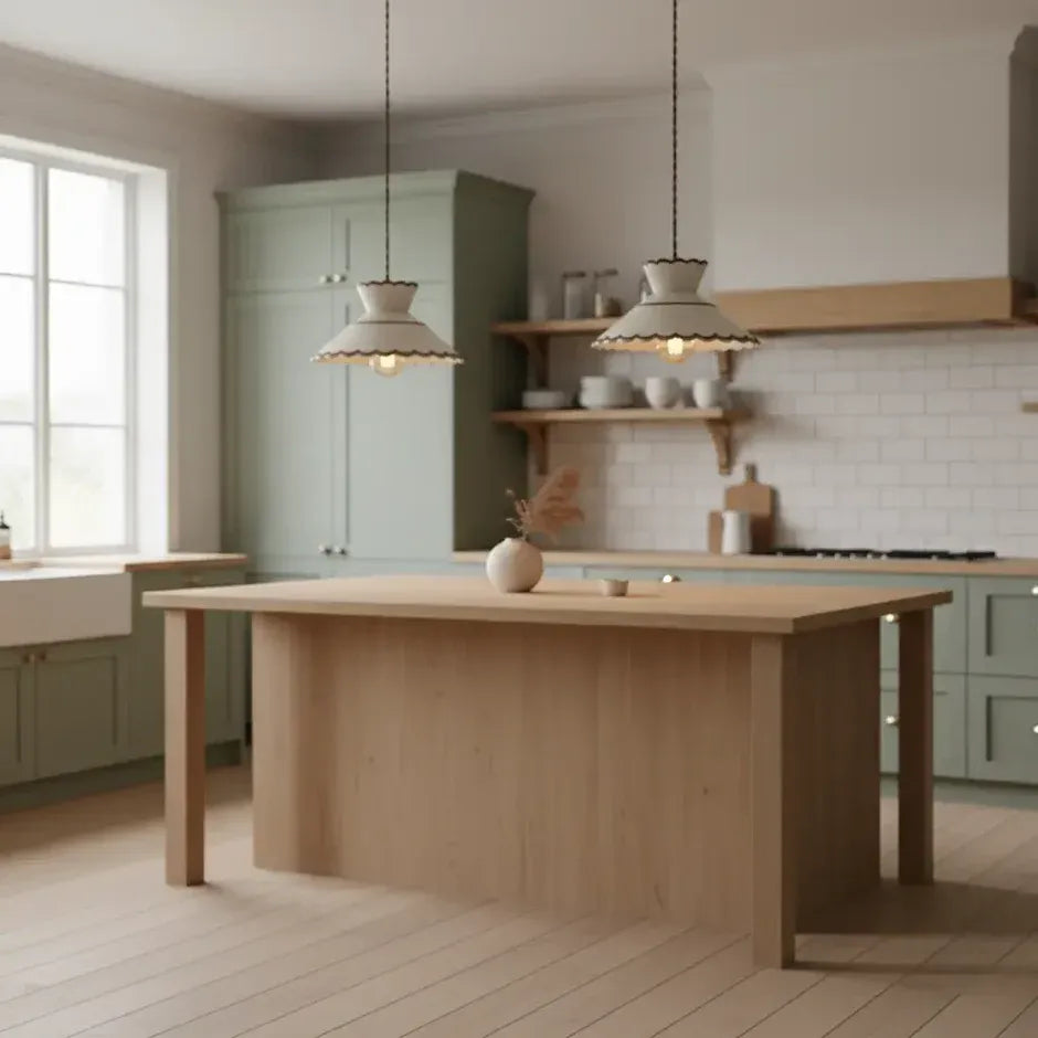 Mira scalloped ceramic pendant light over a light wood kitchen counter