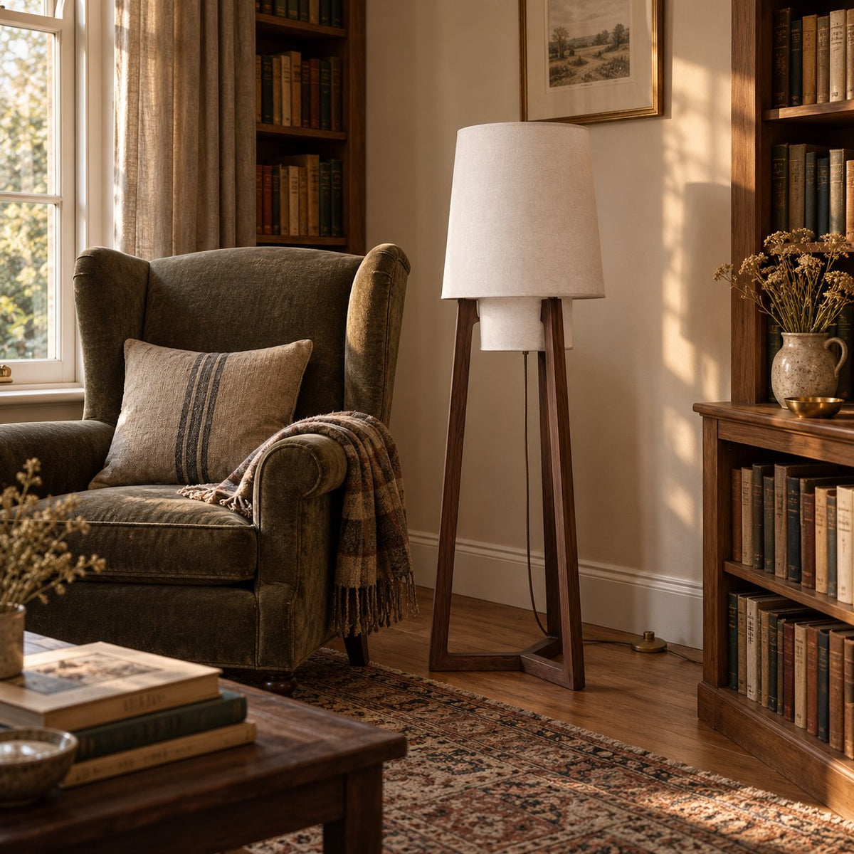 Morros tripod linen floor lamp in black walnut, 130 cm, beside a wingback chair in a book-lined room.