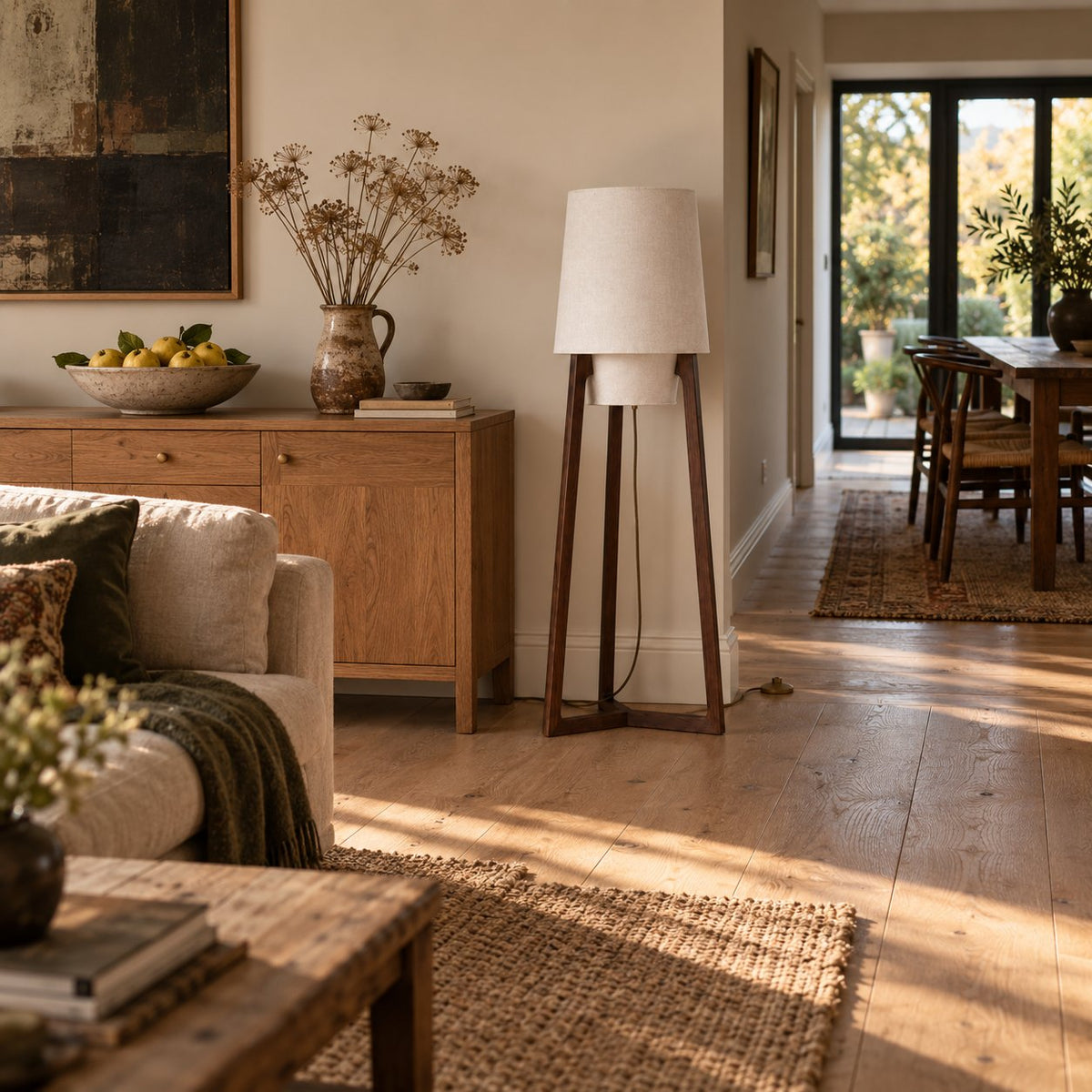Morros tripod linen floor lamp in black walnut, 130 cm, beside a sofa in an open sitting and dining room.