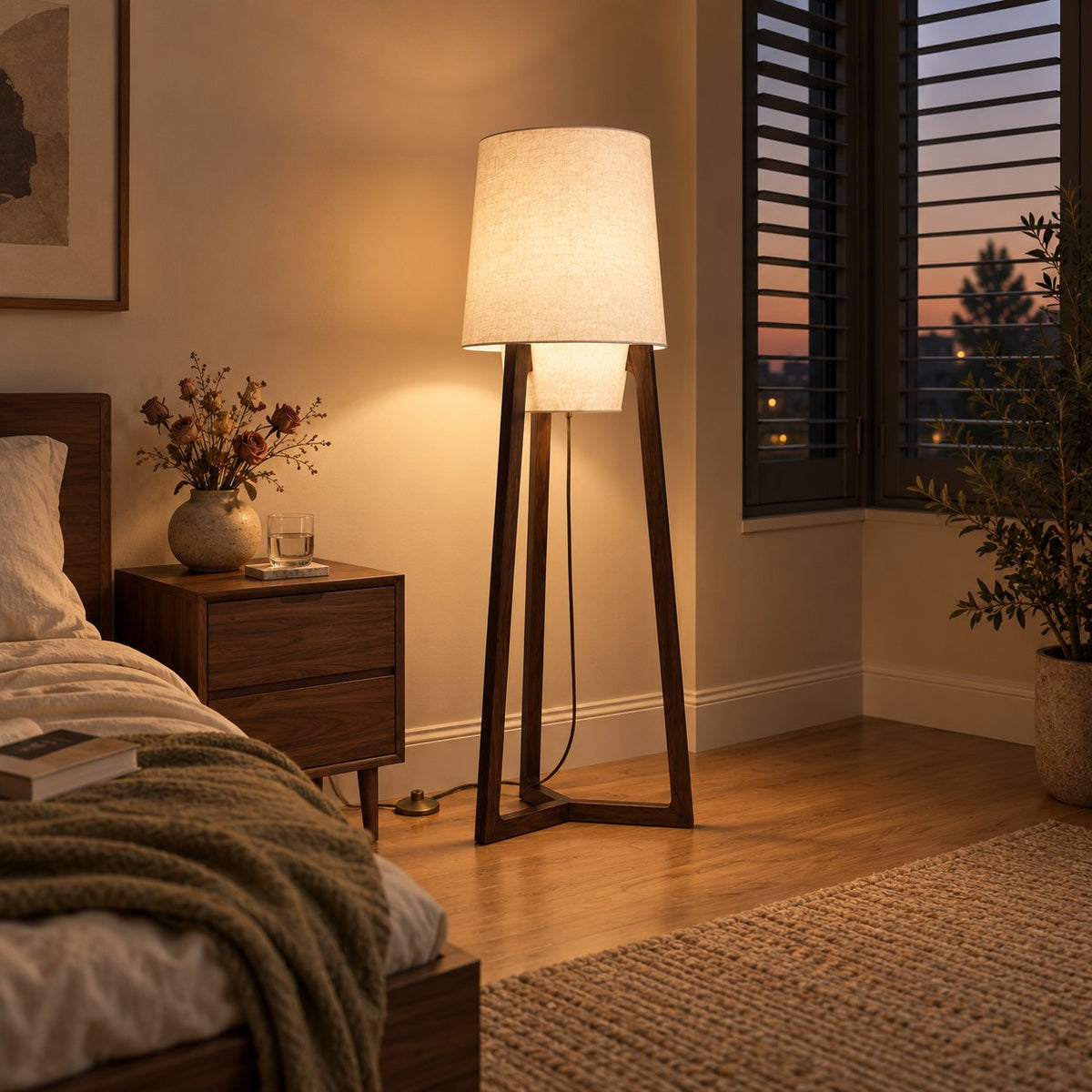 Morros tripod linen floor lamp in black walnut, 130 cm, lit, beside a bed with a walnut nightstand.