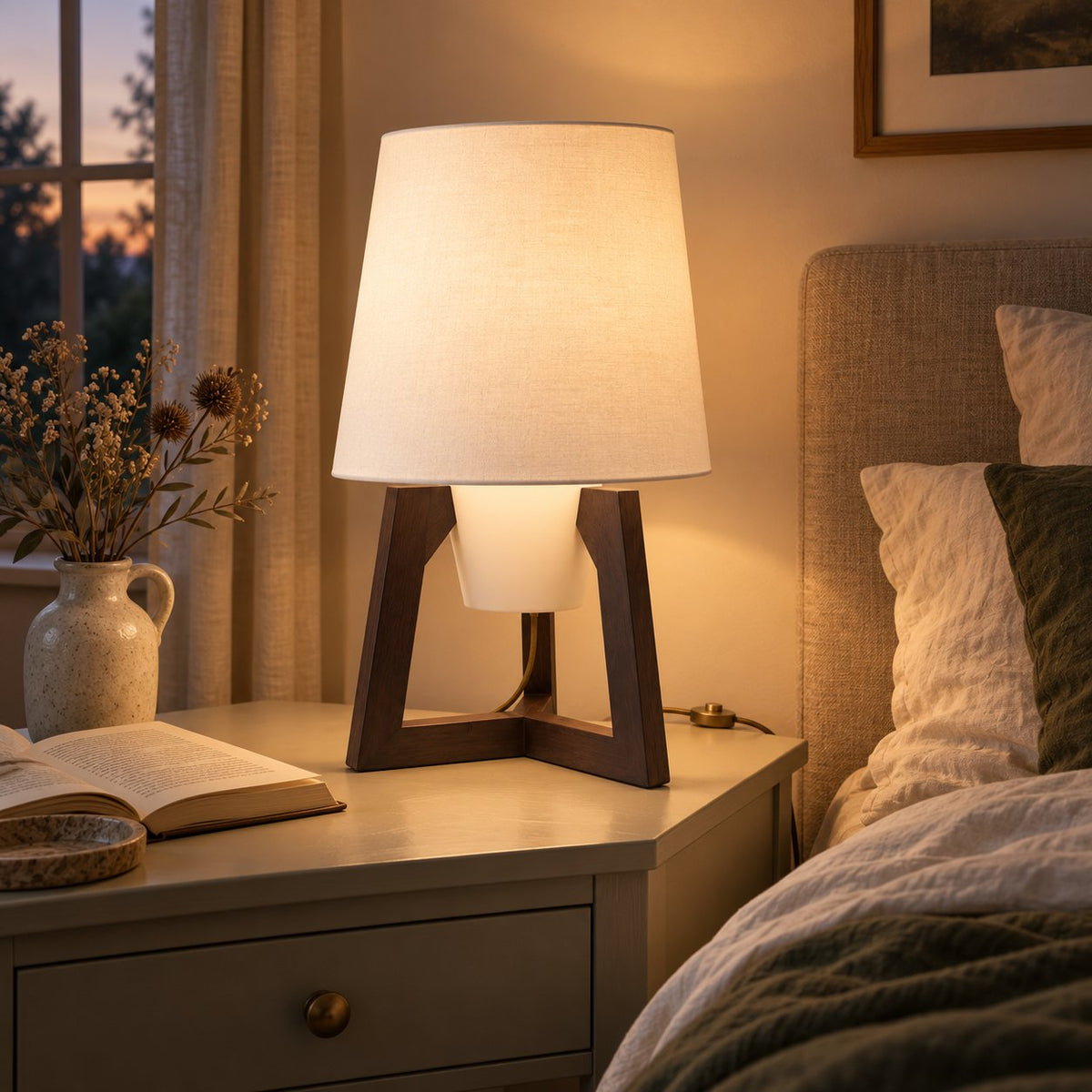 Morros small tripod linen table lamp in black walnut, lit, on a bedside table at dusk.
