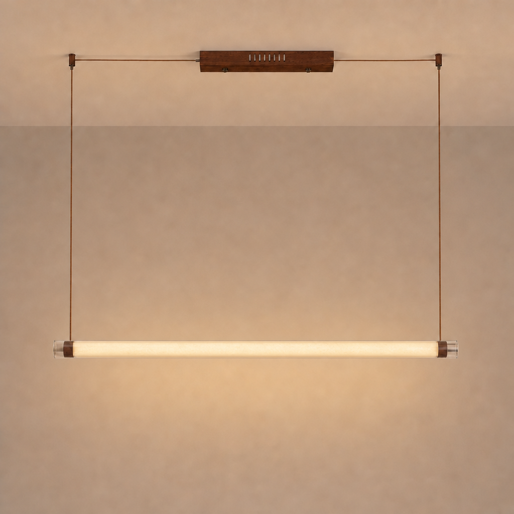 Wood Pendant Light Linear Tube Silk Shade Cylinder Ceiling Fixture Dining Room