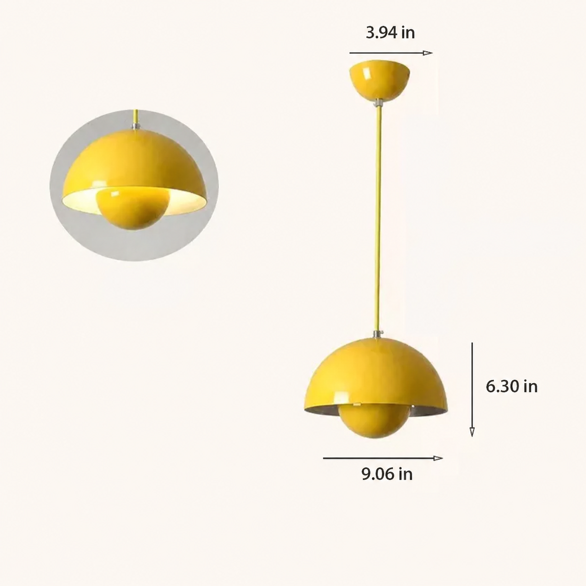 Nola yellow mushroom pendant light with shade 9.06 inches wide and 6.30 inches high and canopy 3.94 inches wide