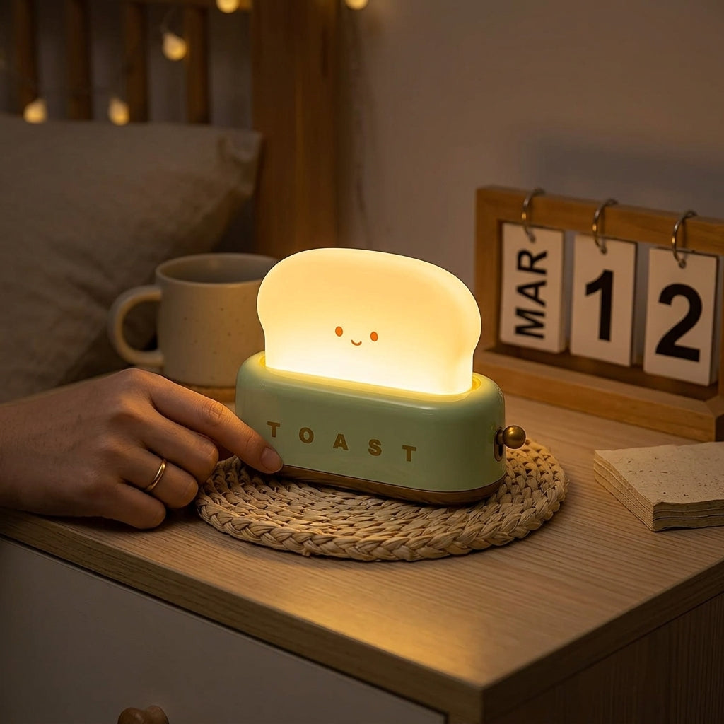 Table Lamp Toast Design Smiling Face Rechargeable LED Night Light Bedside Nursery Decor