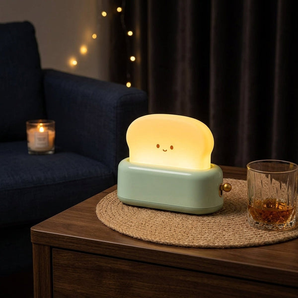 Table Lamp Toast Design Smiling Face Rechargeable LED Night Light Bedside Nursery Decor