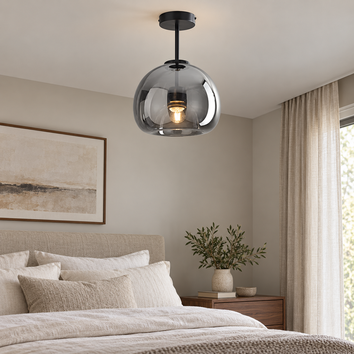 Oren smoke-gray glass semi-flush ceiling light in a neutral bedroom with linen bedding