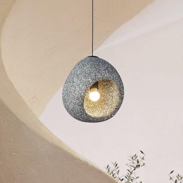 3 Light Pendant Cave-Form Polystyrene Round Stone Texture Hanging Ceiling Light